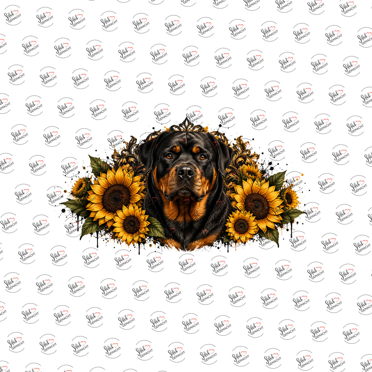 Rottweiler im Sonnenblumenkranz als Rub-on-Sticker, einzeln