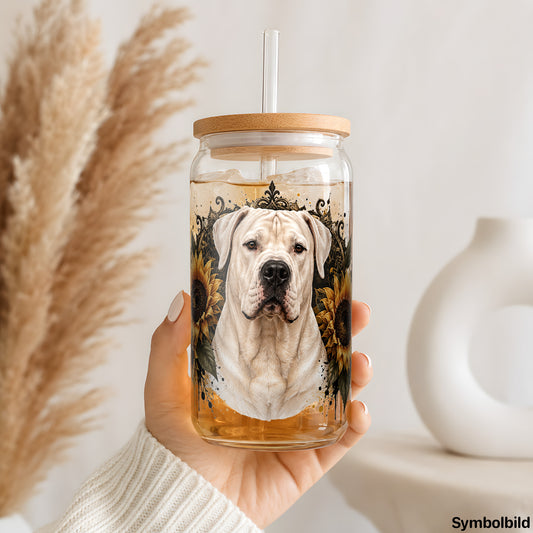 Becher-Aufkleber „Weißer Boxer in Sonnenblumen“ auf einem 16oz Glasbecher