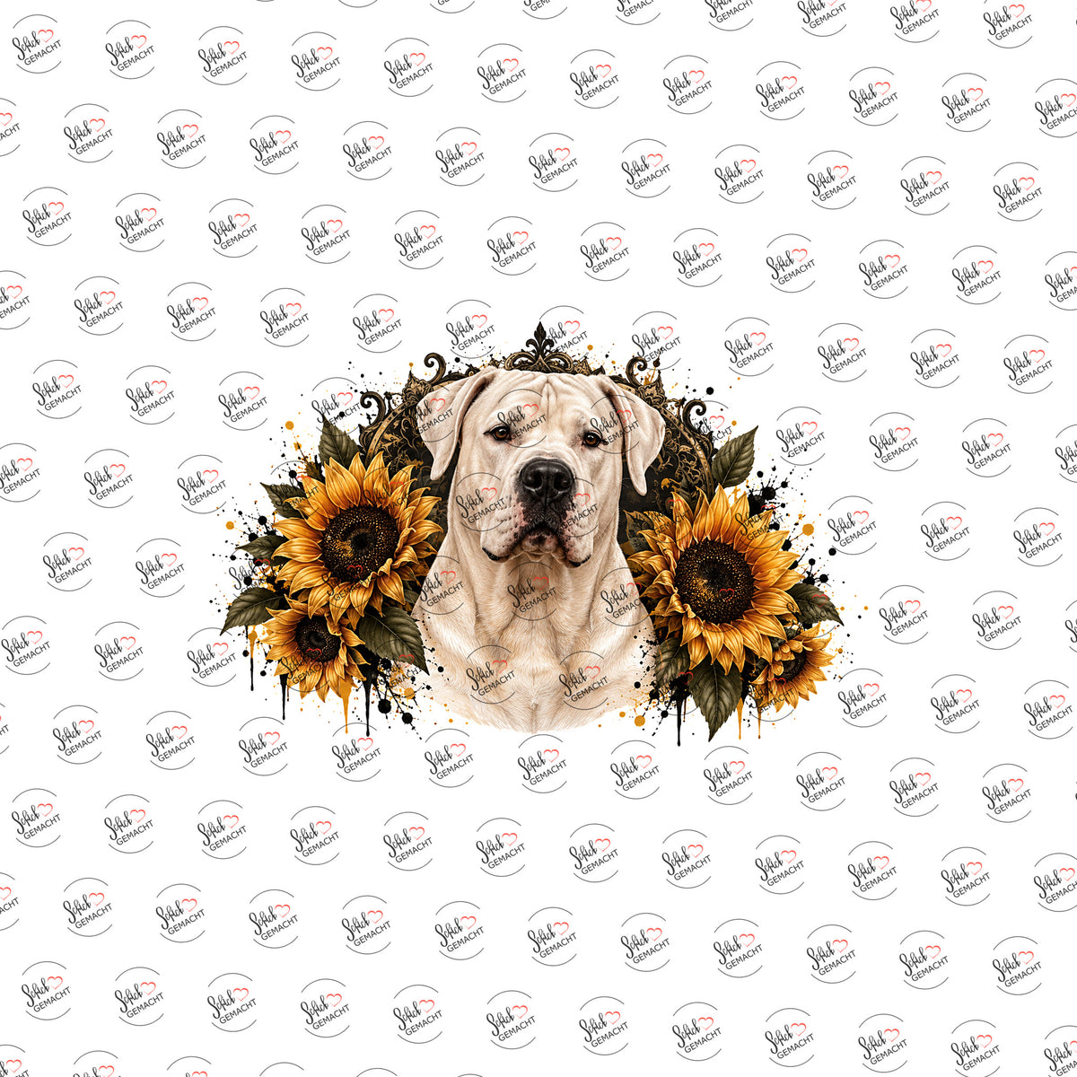 Weißer Boxer in Sonnenblumen als Rub-on-Sticker, einzeln