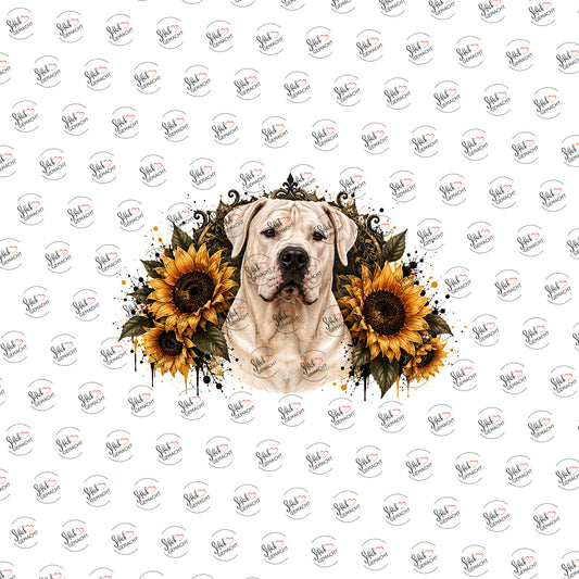 Weißer Boxer in Sonnenblumen als Rub-on-Sticker, einzeln