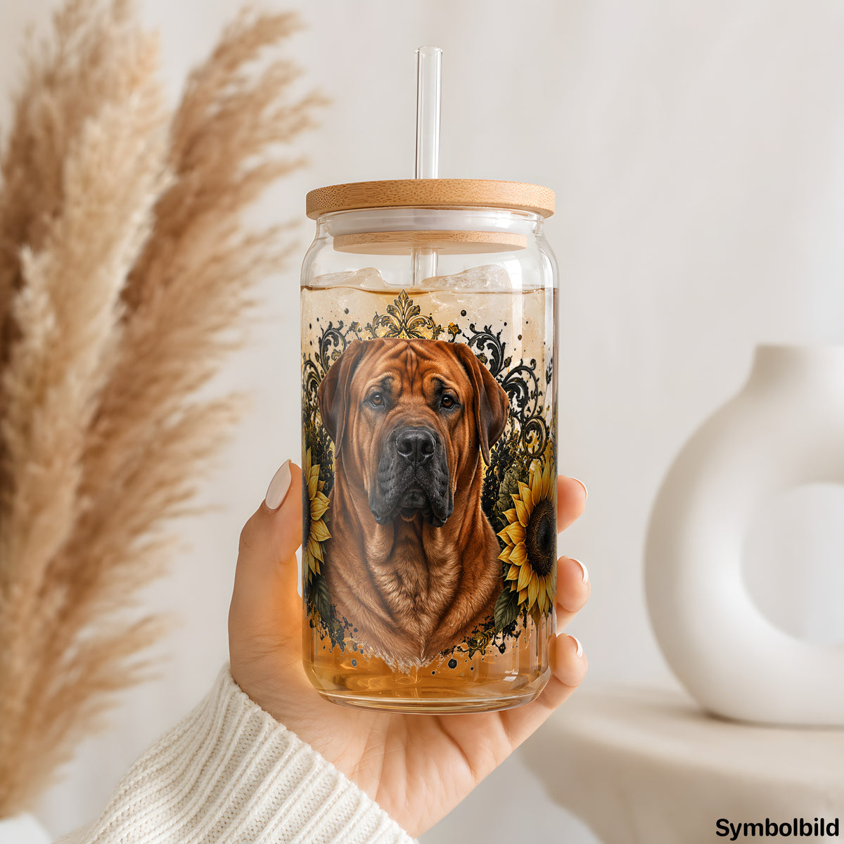 Becher-Aufkleber „Boerboel in Sonnenblumen“ auf einem 16oz Glasbecher