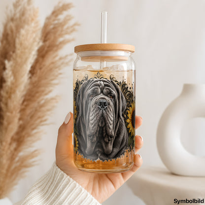 Becher-Aufkleber „Mastino im Sonnenblumenkranz“ auf einem 16oz Glasbecher