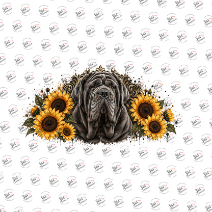 Mastino im Sonnenblumenkranz als Rub-on-Sticker, einzeln