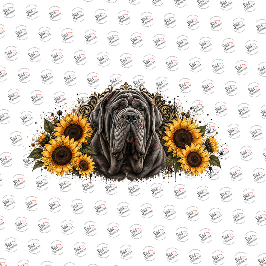 Mastino im Sonnenblumenkranz als Rub-on-Sticker, einzeln
