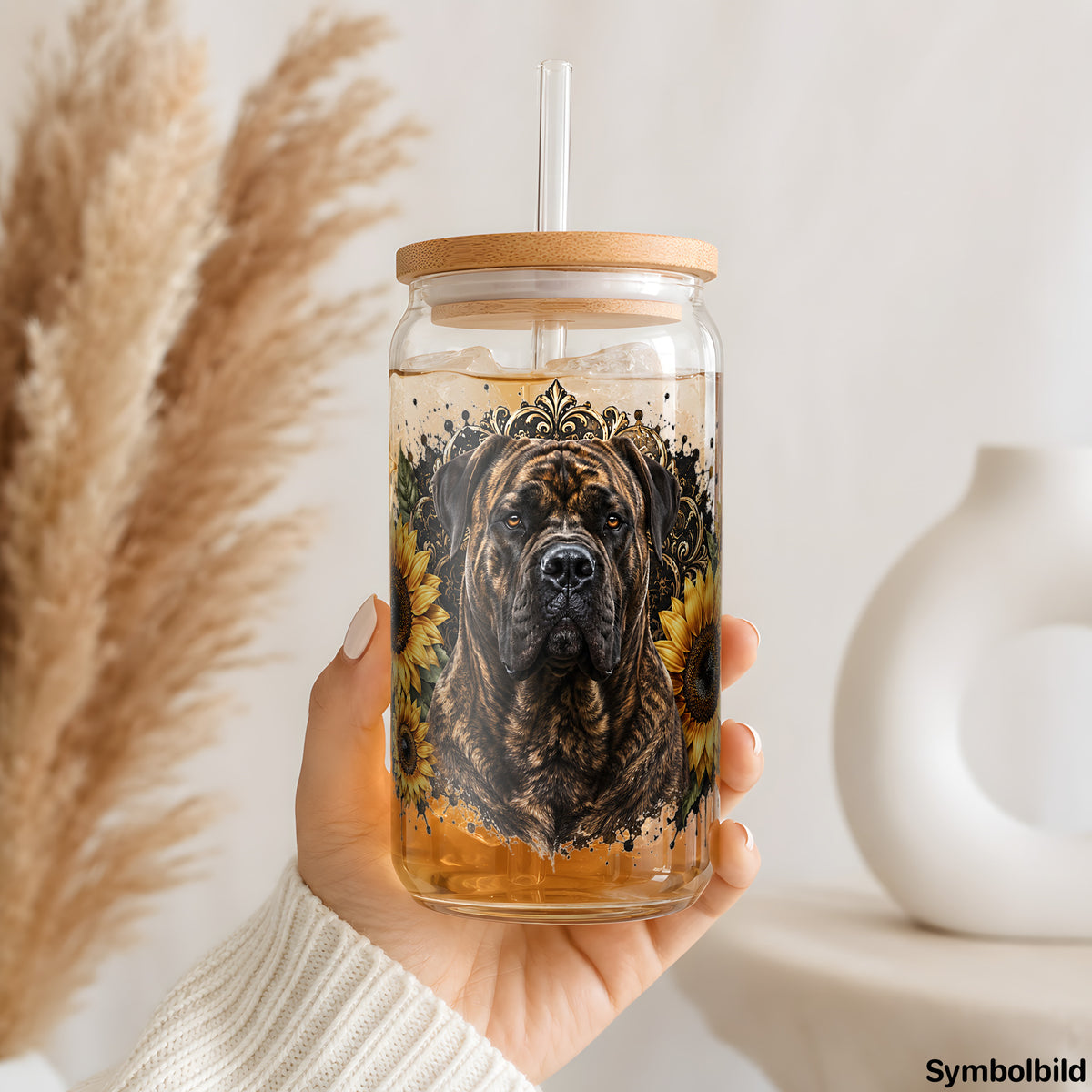 Becher-Aufkleber „Gestromter Mastiff in Sonnenblumen“ auf einem 16oz Glasbecher