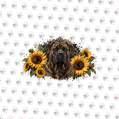 Gestromter Mastiff in Sonnenblumen als Rub-on-Sticker, einzeln
