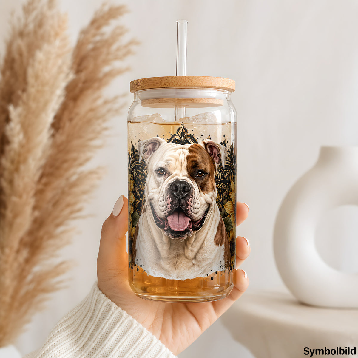 Becher-Aufkleber „Bulldogge in Sonnenblumen“ auf einem 16oz Glasbecher