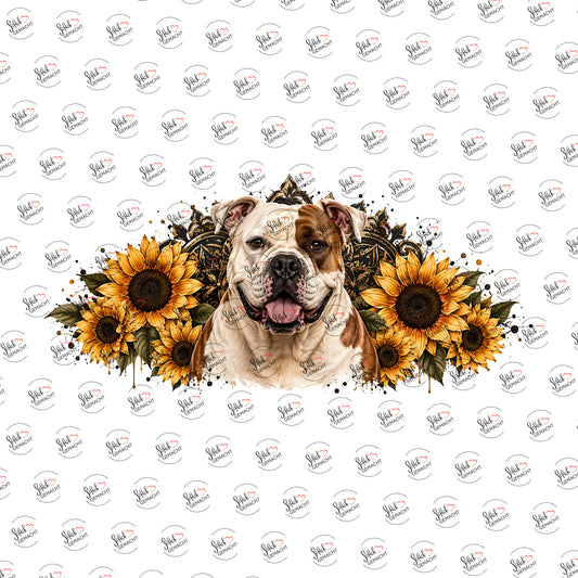 Bulldogge in Sonnenblumen als Rub-on-Sticker, einzeln