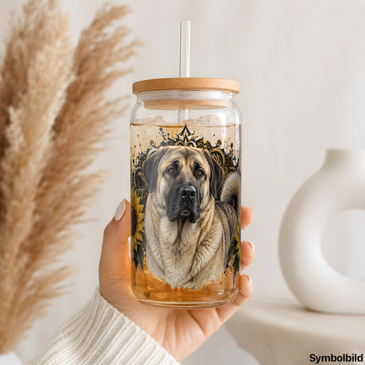 Becher-Aufkleber „Mastiff mit Sonnenblumenkrone“ auf einem 16oz Glasbecher