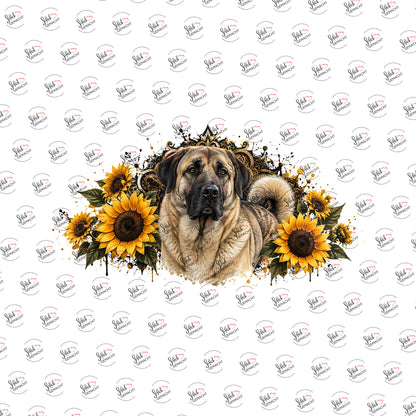Mastiff mit Sonnenblumenkrone als Rub-on-Sticker, einzeln