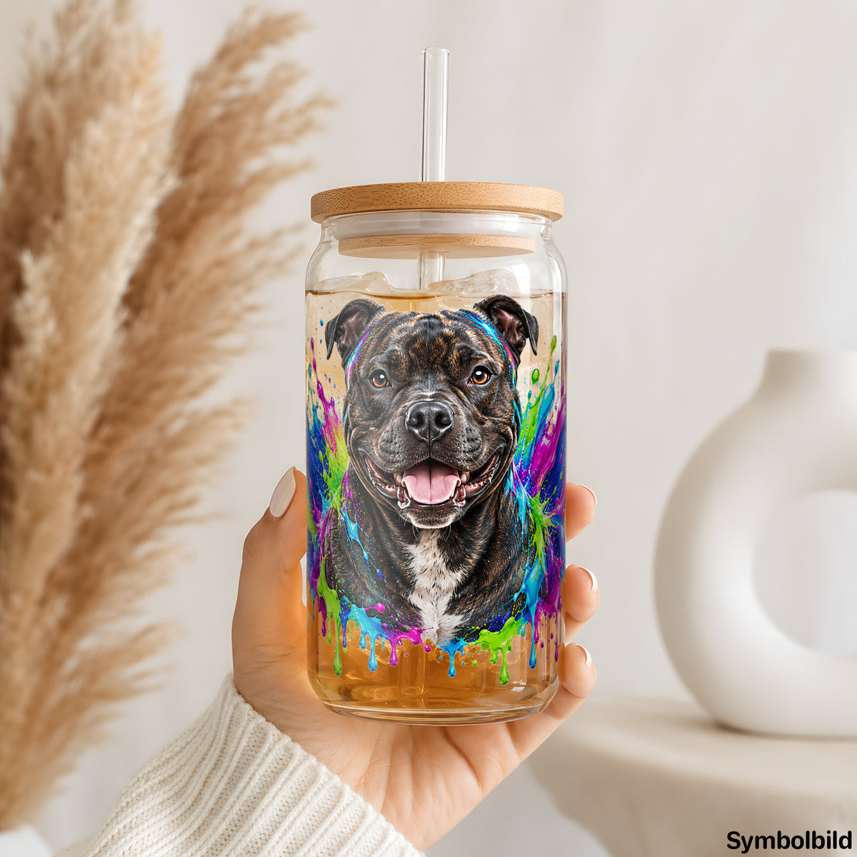 Becher-Aufkleber „Staffordshire im Farbrausch“ auf einem 16oz Glasbecher