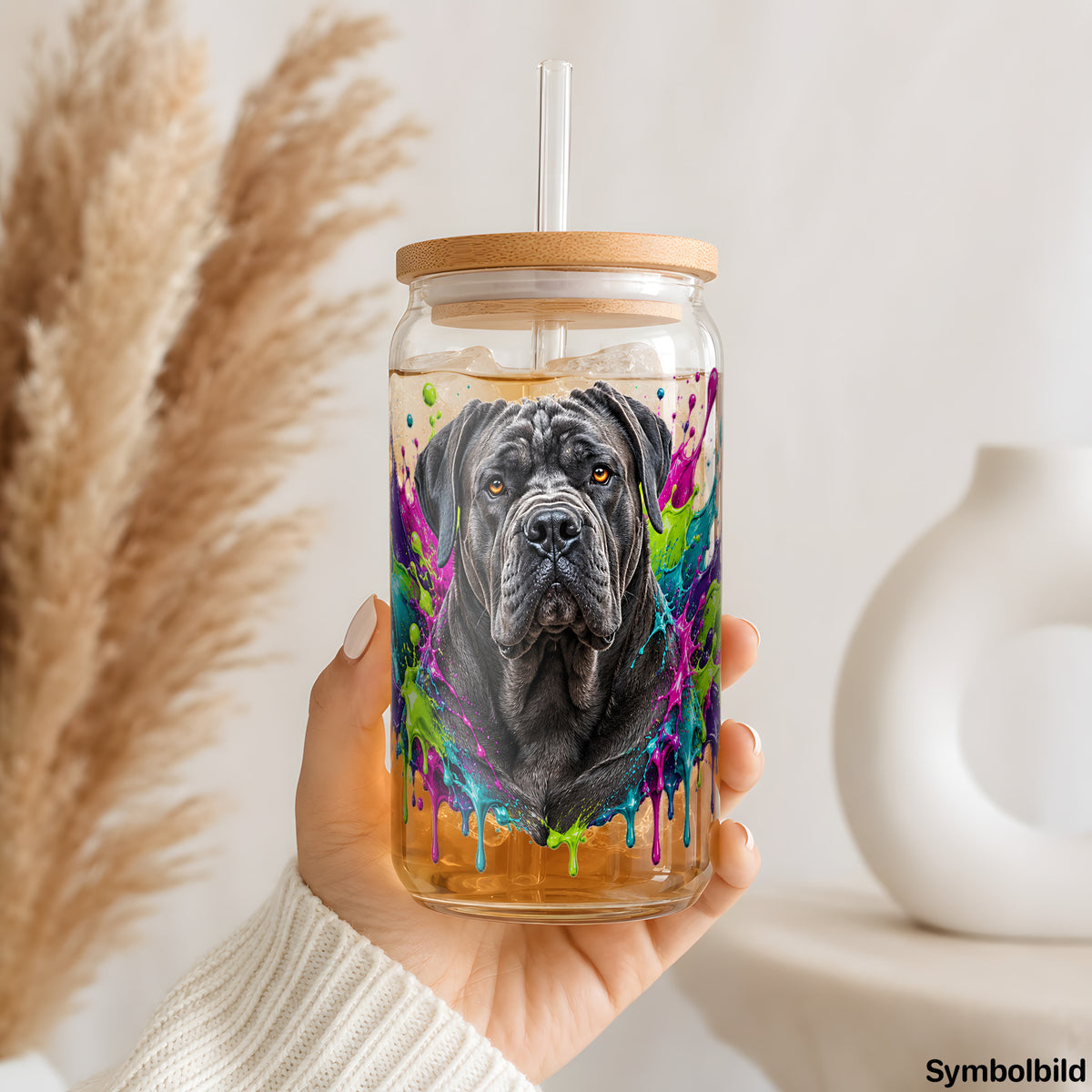Becher-Aufkleber „Cane Corso im Farbrausch“ auf einem 16oz Glasbecher