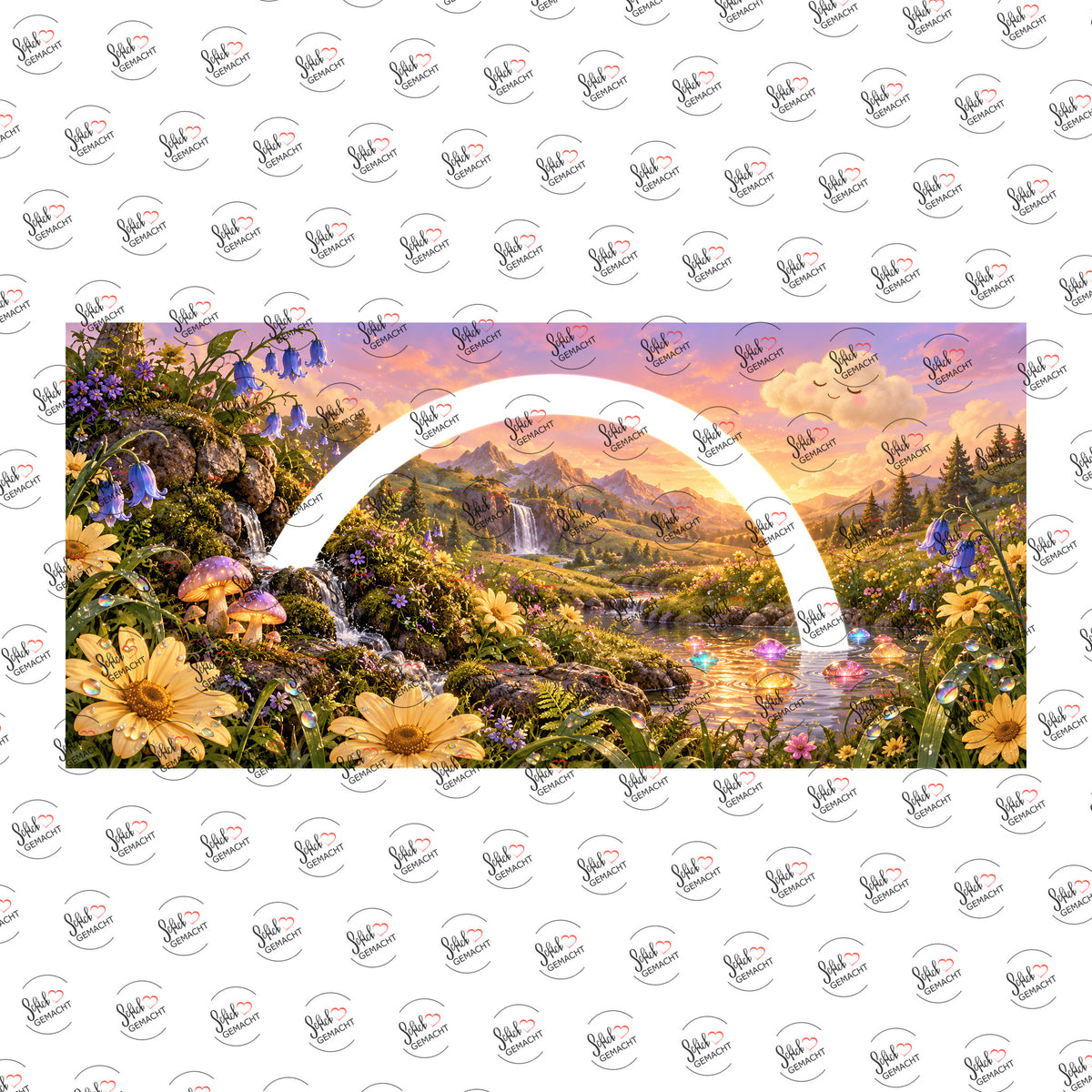 Tal mit Wasserfall und Blüten als Rub-on-Sticker, einzeln