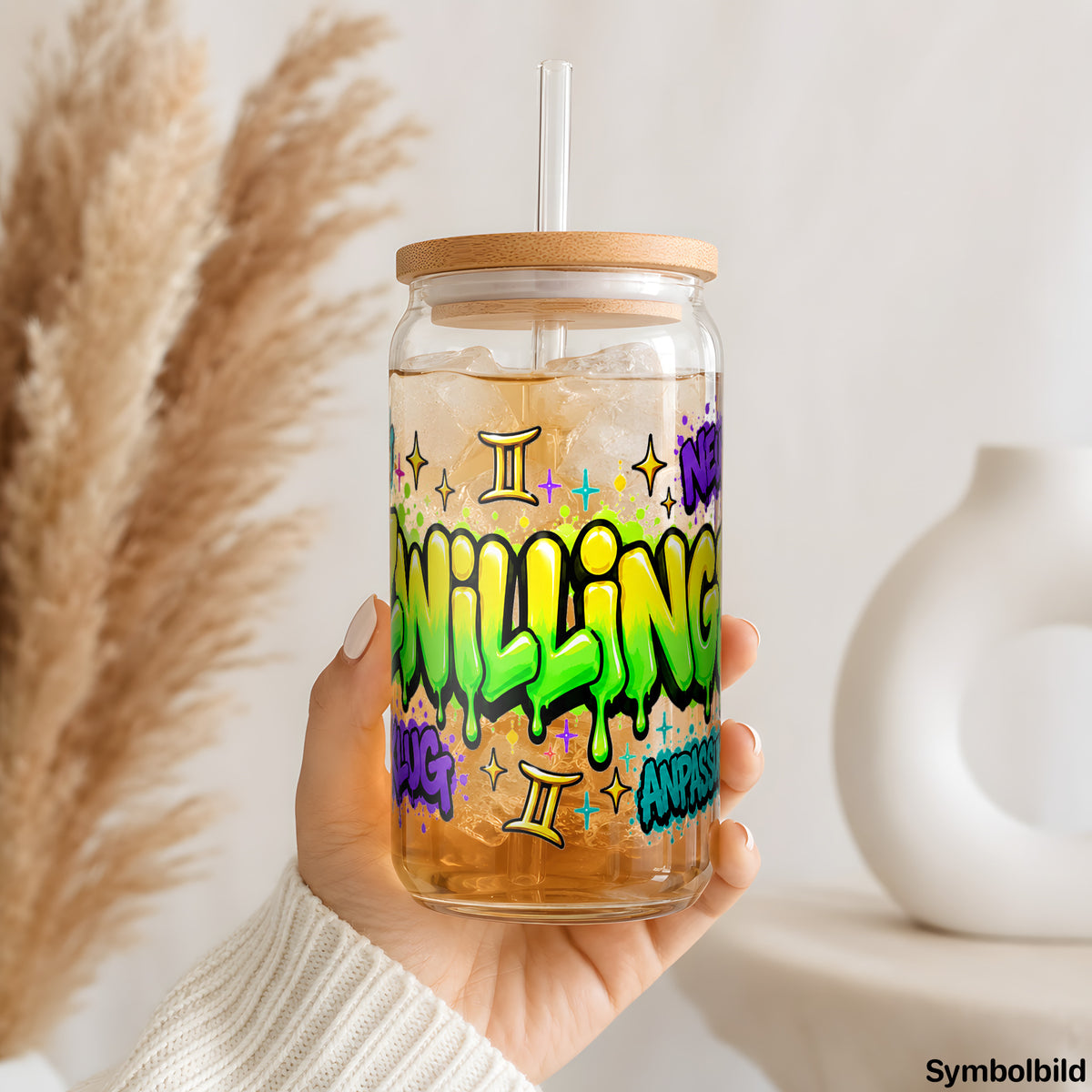 Becher-Aufkleber „Sternzeichen Zwillinge als Graffiti-Schriftzug“ auf einem 16oz Glasbecher