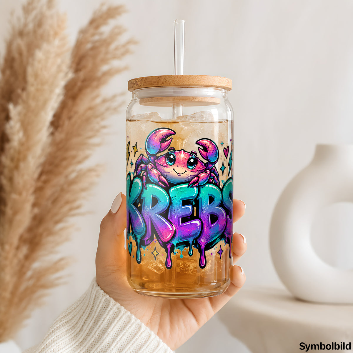 Becher-Aufkleber „Sternzeichen Krebs als Graffiti-Schriftzug“ auf einem 16oz Glasbecher
