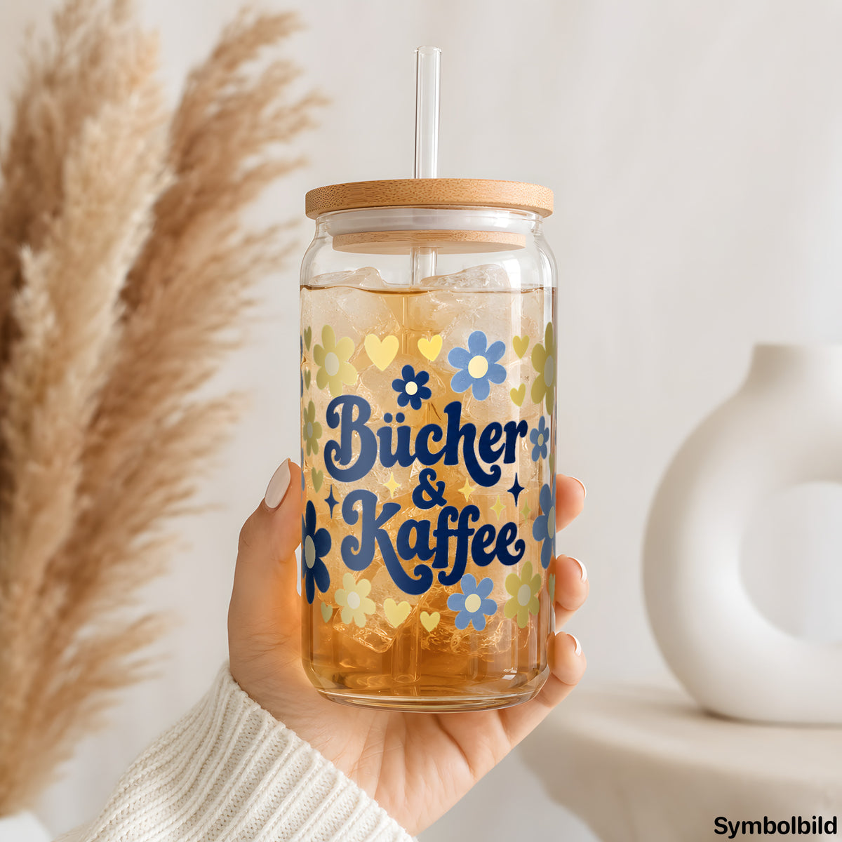 Becher-Aufkleber „Kaffee & Seiten“ auf einem 16oz Glasbecher