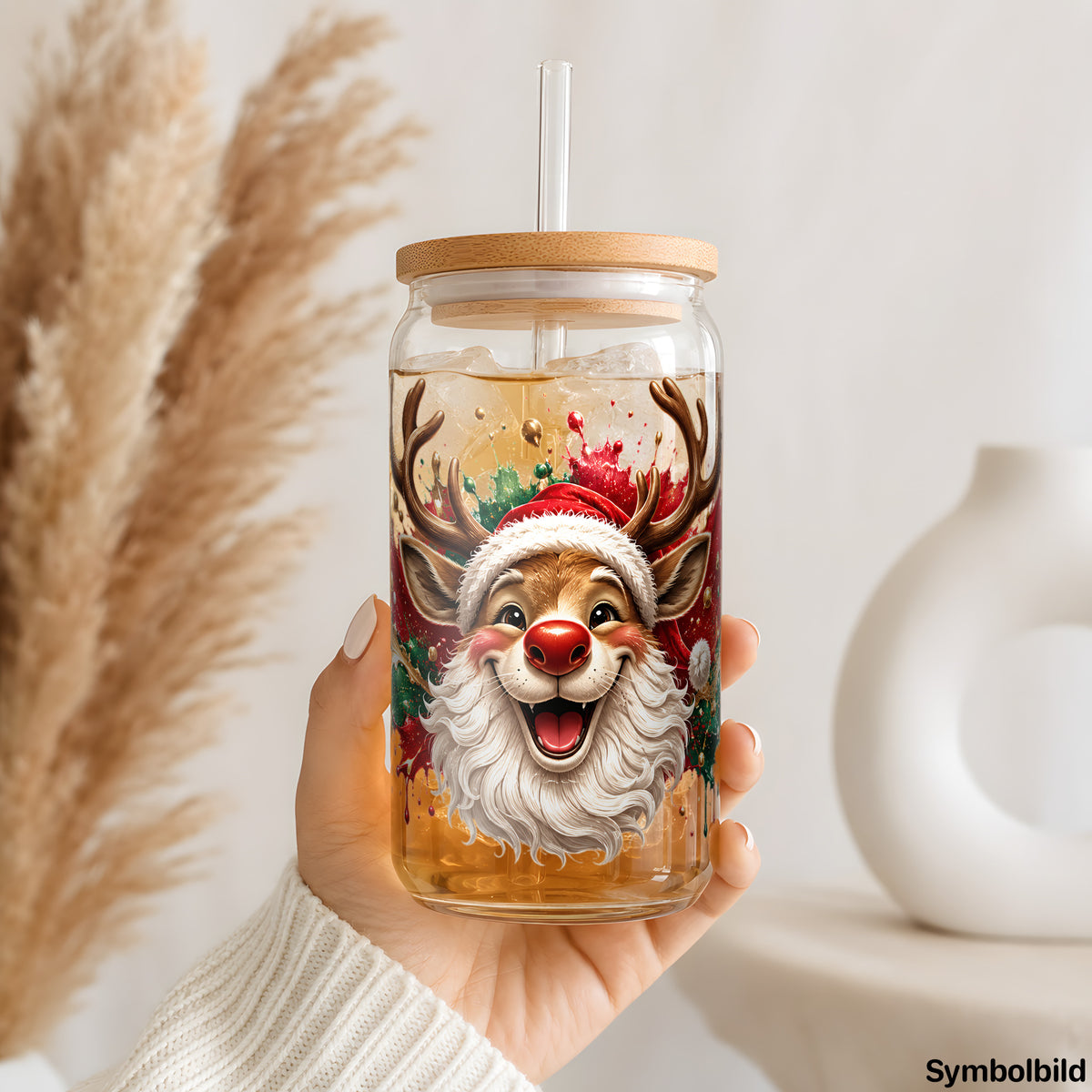 Becher-Aufkleber „Rentier Splash“ auf einem 16oz Glasbecher