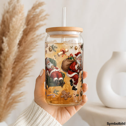 Becher-Aufkleber „Santa & Co.“ auf einem 16oz Glasbecher