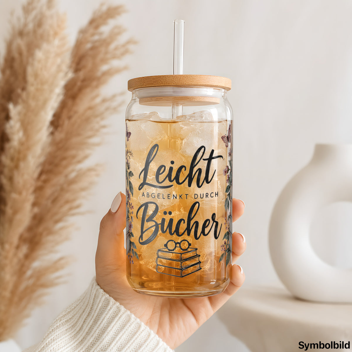 Becher-Aufkleber „Blühendes Buch“ auf einem 16oz Glasbecher