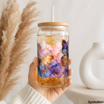 Becher-Aufkleber „Schmetterling Träume“ auf einem 16oz Glasbecher