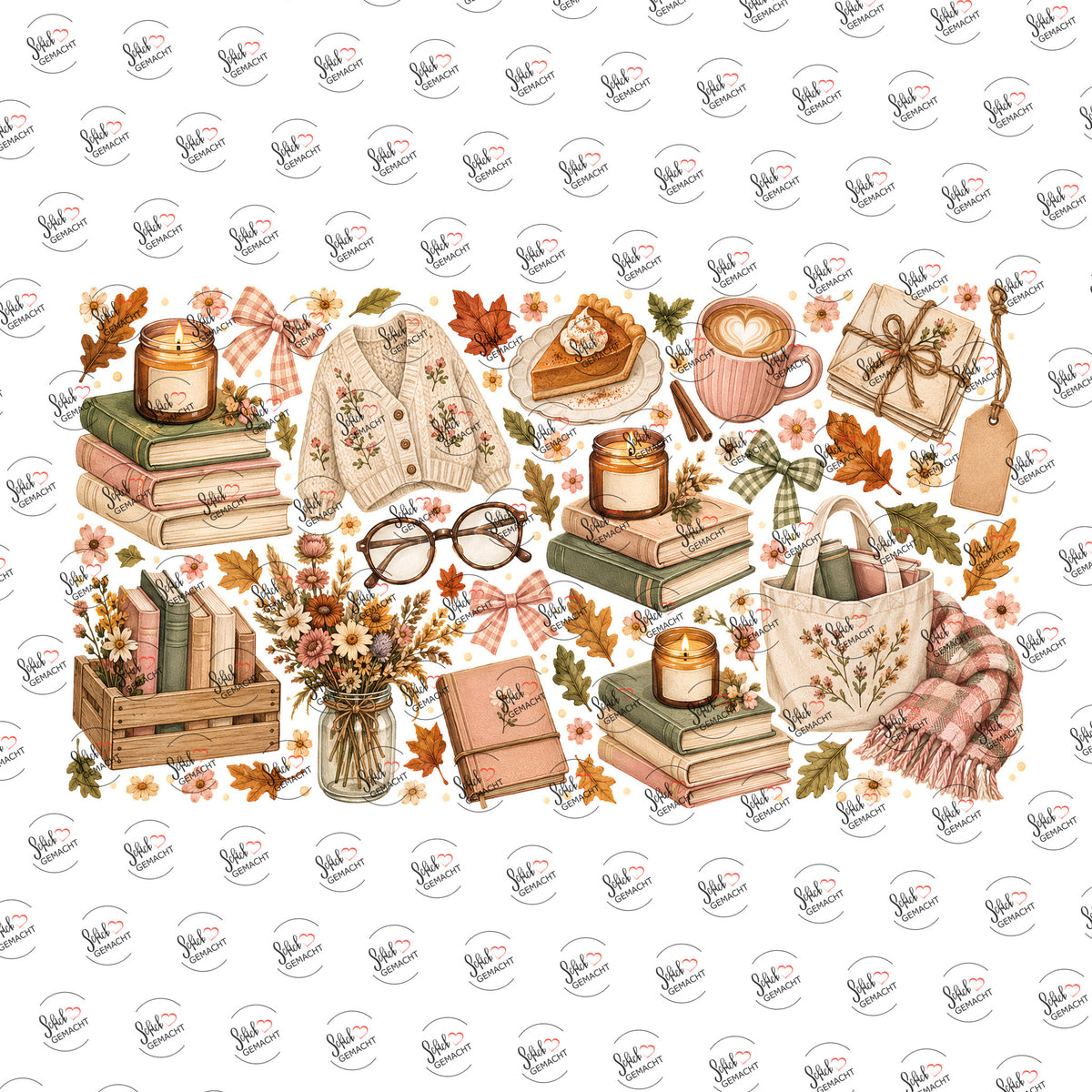 Herbstmomente mit Büchern & Kerzen als Rub-on-Sticker, einzeln
