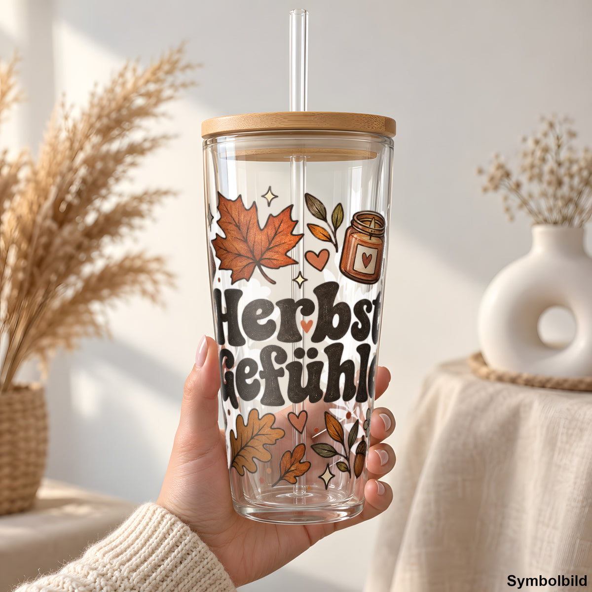 Becher-Aufkleber „Herbstgefühle mit Fliegenpilz“ auf einem 24oz Glasbecher