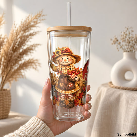 Becher-Aufkleber „Vogelscheuchen-Mädchen auf dem Herbsthof“ auf einem 24oz Glasbecher