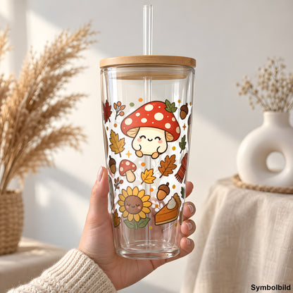 Becher-Aufkleber „Kawaii-Herbst mit Kürbis, Pilz & Eichel“ auf einem 24oz Glasbecher