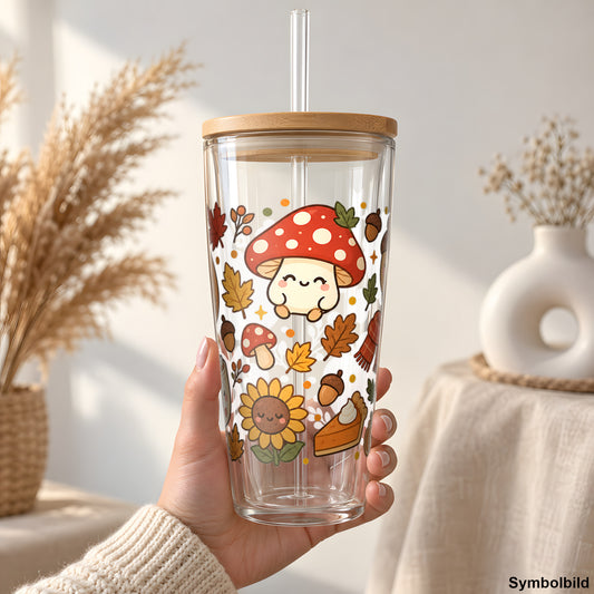 Becher-Aufkleber „Kawaii-Herbst mit Kürbis, Pilz & Eichel“ auf einem 24oz Glasbecher