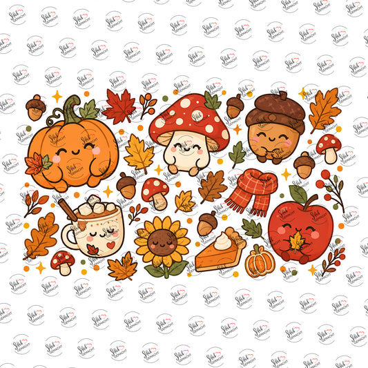 Kawaii-Herbst mit Kürbis, Pilz & Eichel als Rub-on-Sticker, einzeln