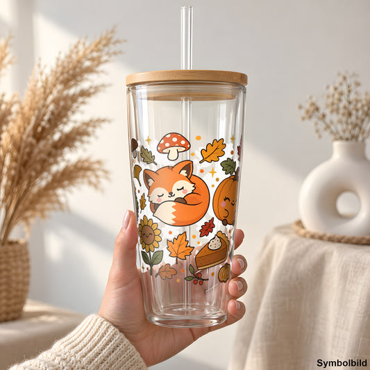 Becher-Aufkleber „Kawaii-Herbst mit Igel & Fuchs“ auf einem 24oz Glasbecher
