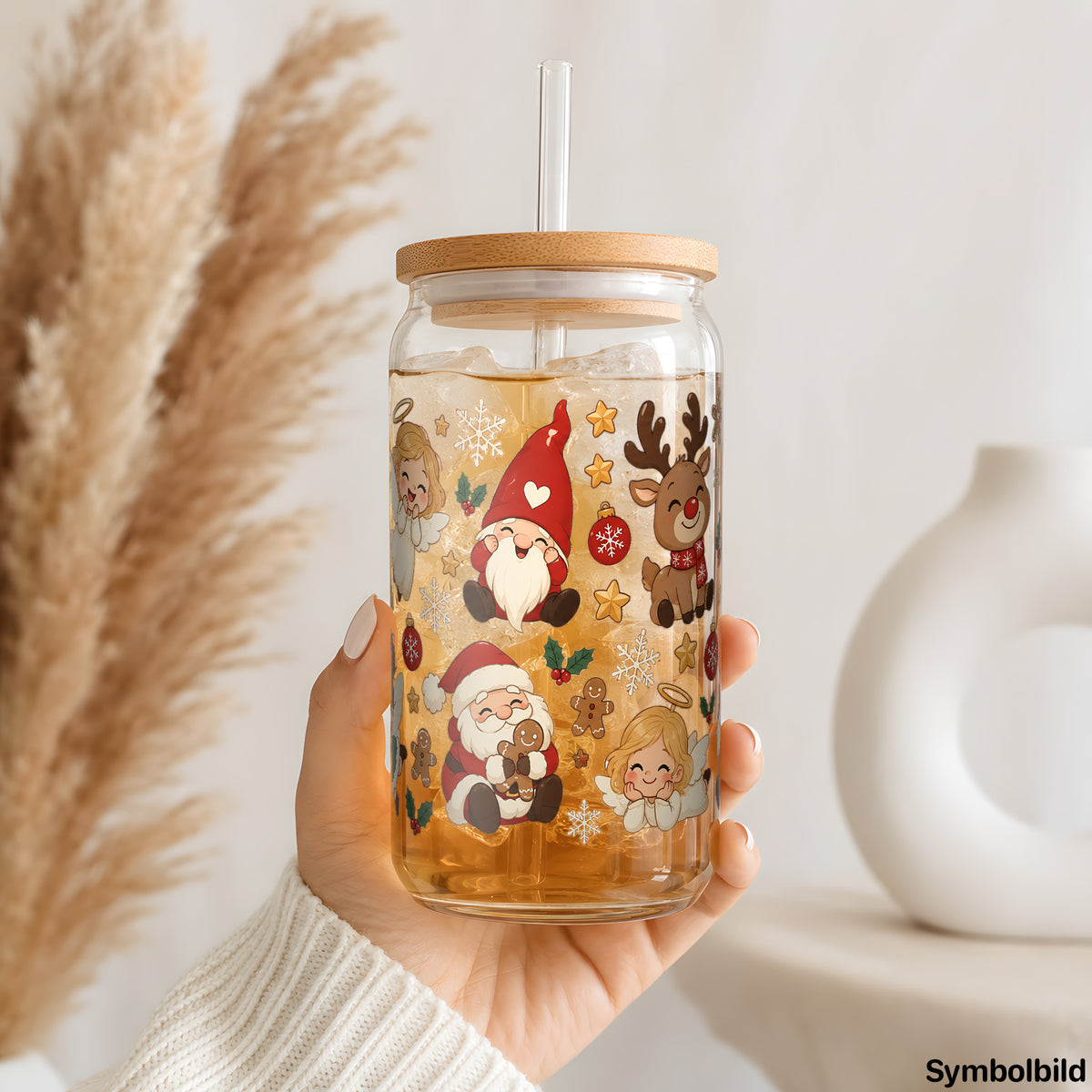Becher-Aufkleber „Kleine Weihnachtscollage“ auf einem 16oz Glasbecher