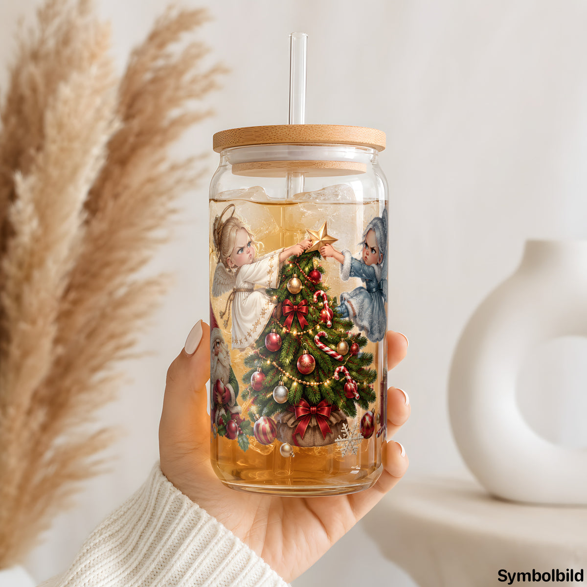 Becher-Aufkleber „Engel im Weihnachts-Streit“ auf einem 16oz Glasbecher