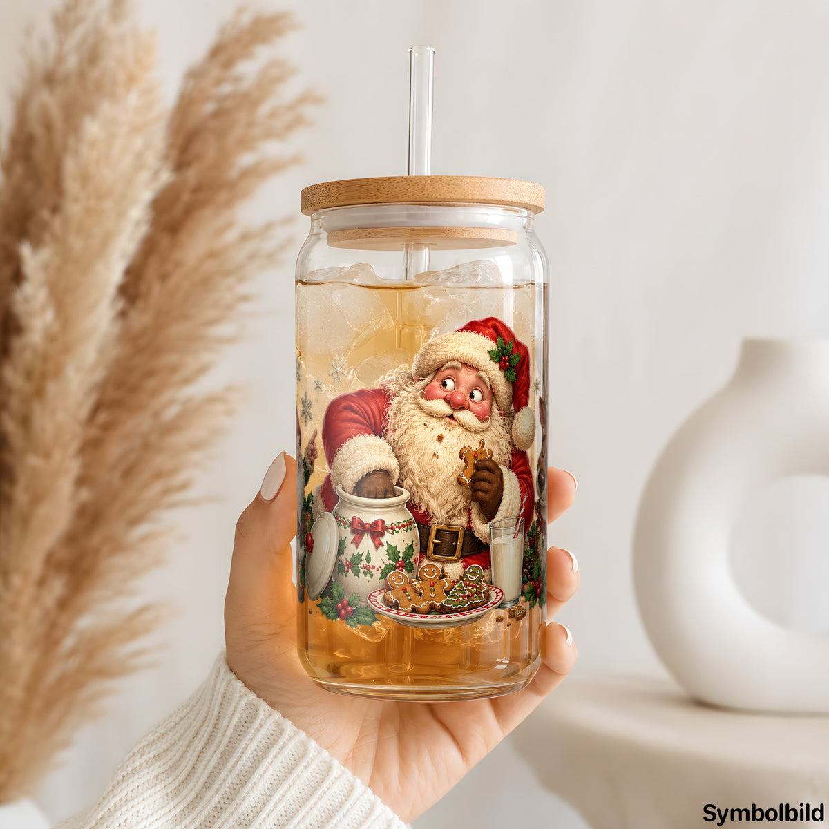 Becher-Aufkleber „Kekse für den Weihnachtsmann“ auf einem 16oz Glasbecher