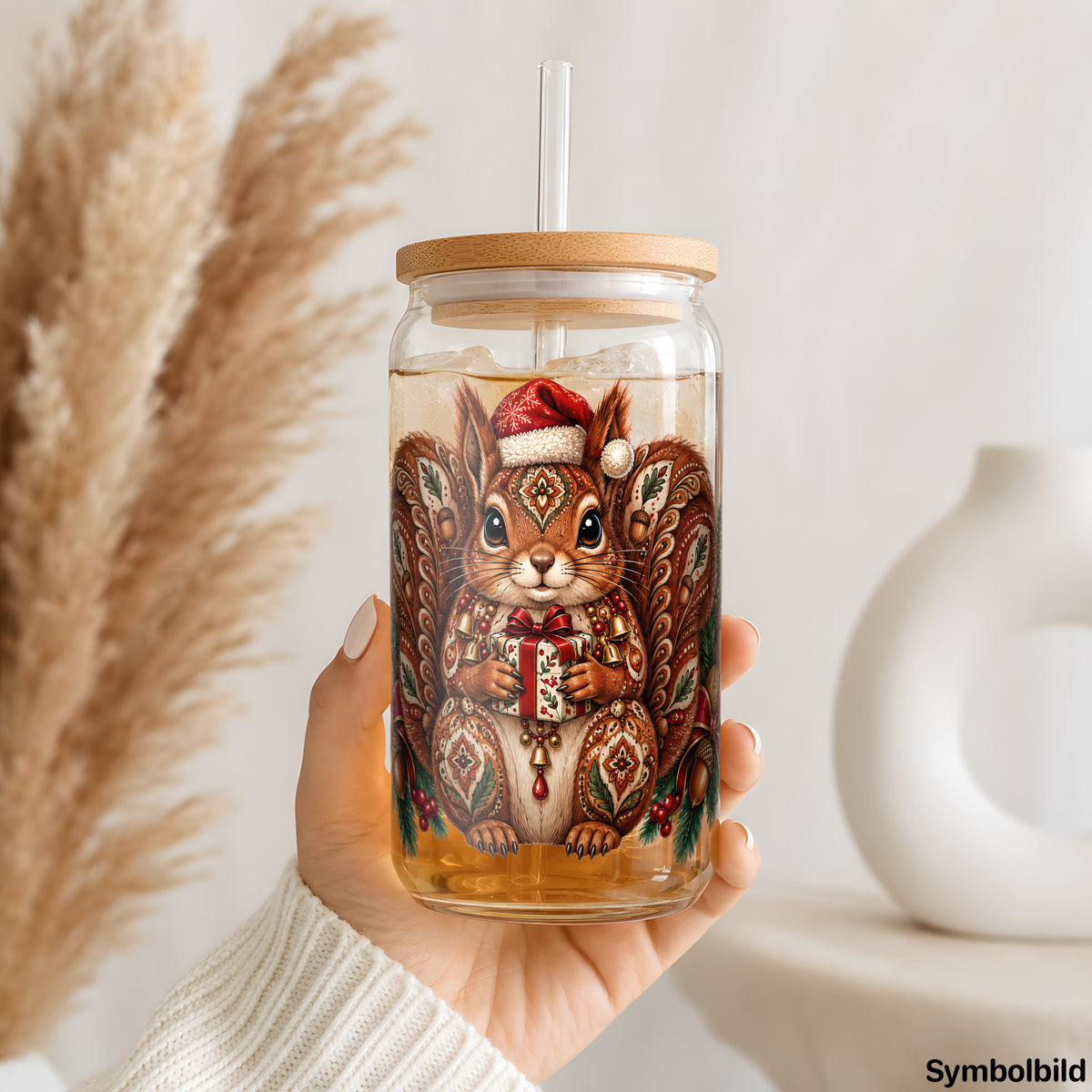 Becher-Aufkleber „Weihnachts-Eichhörnchen im Boho-Stil“ auf einem 16oz Glasbecher