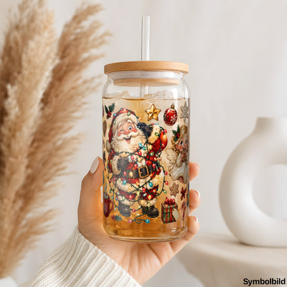 Becher-Aufkleber „Lustiger Weihnachtsmann als Collage“ auf einem 16oz Glasbecher