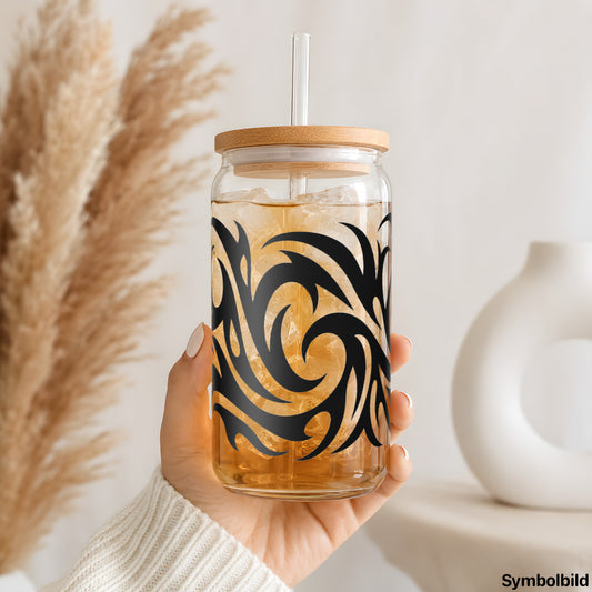 Becher-Aufkleber „Tribal in Schwarz“ auf einem 16oz Glasbecher