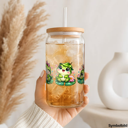 Becher-Aufkleber „Aufgereihte Frösche“ auf einem 16oz Glasbecher