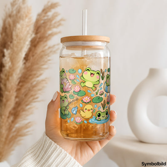 Becher-Aufkleber „Ein Teich voller Frösche“ auf einem 16oz Glasbecher