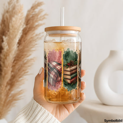 Becher-Aufkleber „Gemütlicher Winter in Streifen“ auf einem 16oz Glasbecher