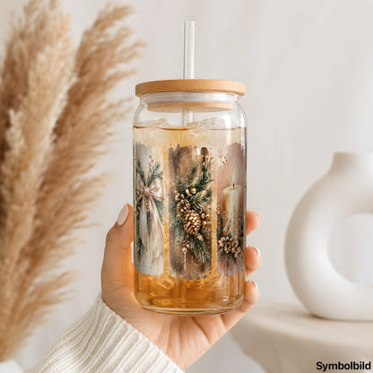Becher-Aufkleber „Goldene Weihnacht in Streifen“ auf einem 16oz Glasbecher