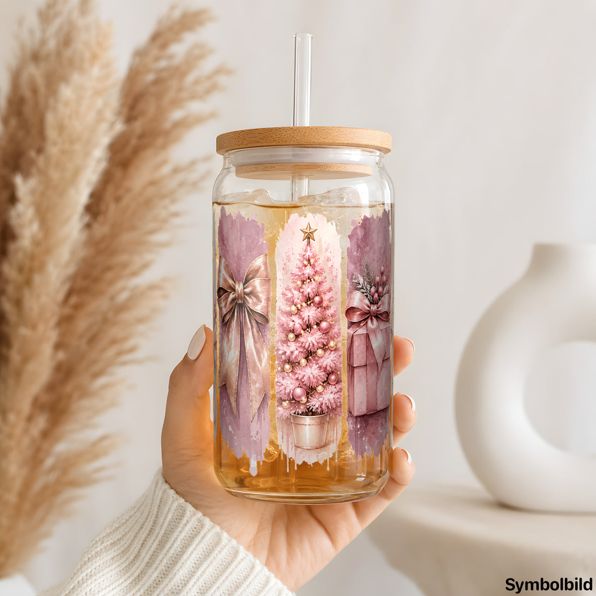 Becher-Aufkleber „Rosa Weihnacht in Streifen“ auf einem 16oz Glasbecher
