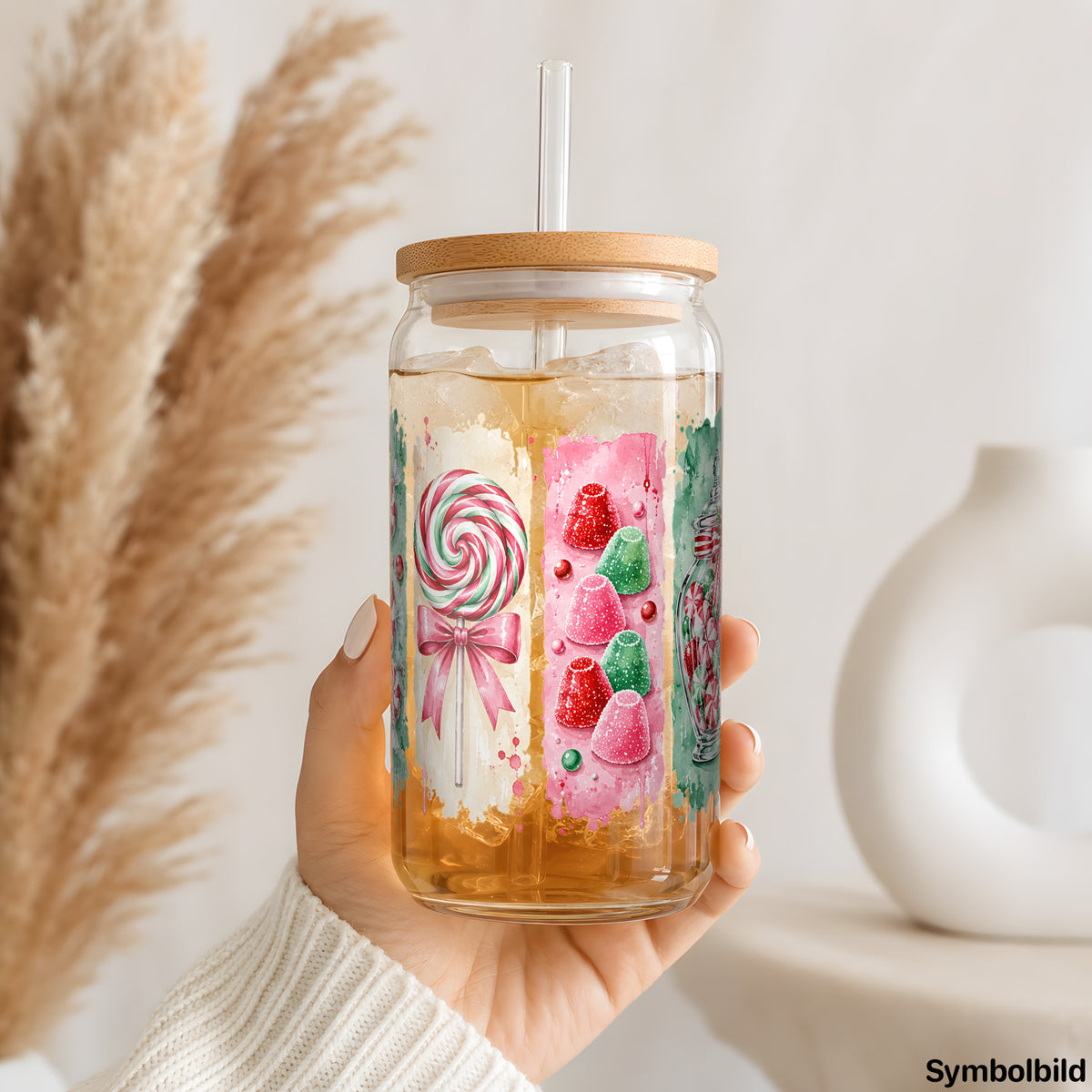 Becher-Aufkleber „Zuckerstangen und Süßigkeiten in Streifen“ auf einem 16oz Glasbecher