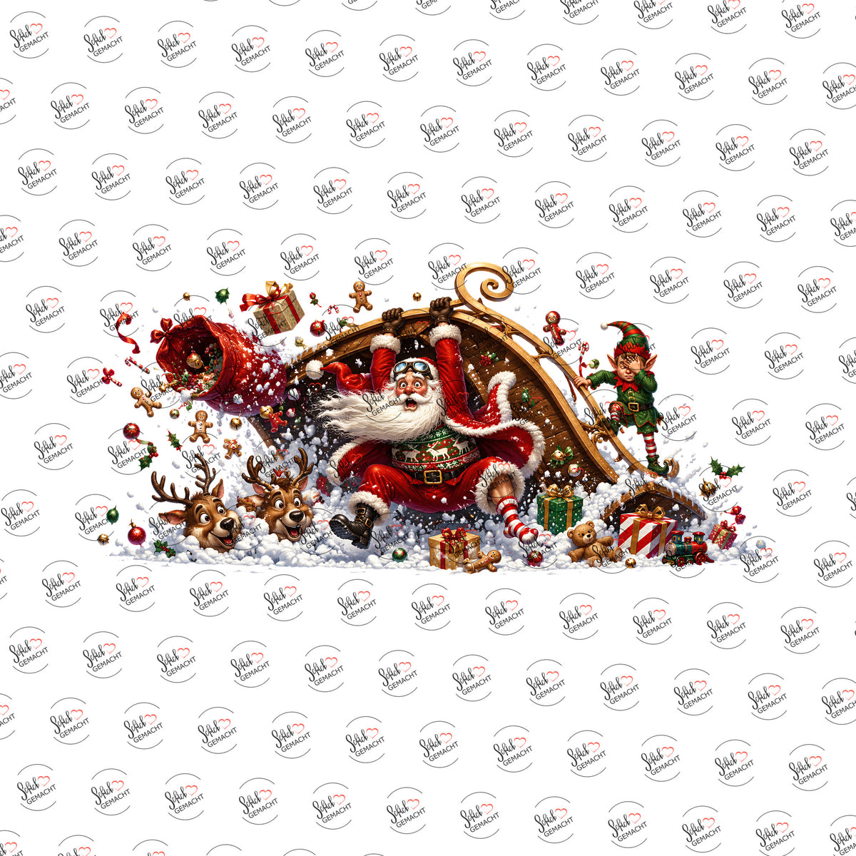 Weihnachtsmann mit Schlitten-Bruchlandung als Rub-on-Sticker, einzeln