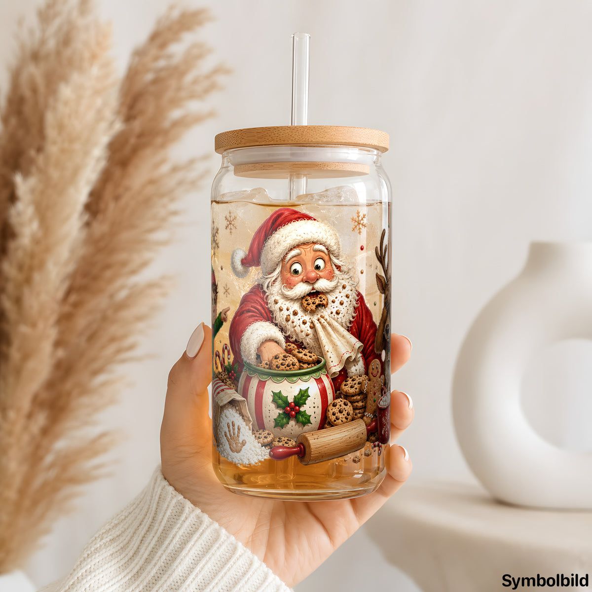 Becher-Aufkleber „Weihnachtsmann nascht Plätzchen“ auf einem 16oz Glasbecher