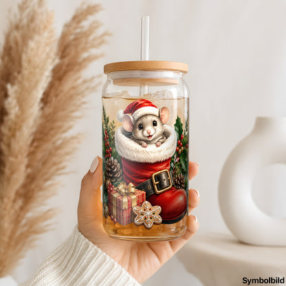 Becher-Aufkleber „Maus im Nikolausstiefel“ auf einem 16oz Glasbecher