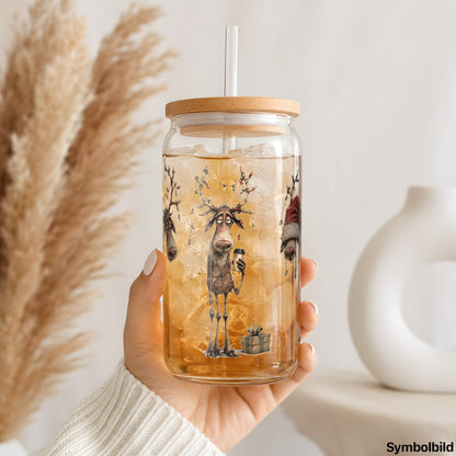 Becher-Aufkleber „Zerzauste Rentiere mit Lichterketten“ auf einem 16oz Glasbecher
