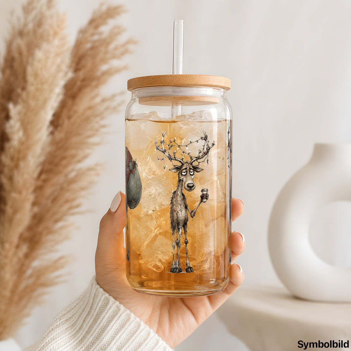 Becher-Aufkleber „Struppige Rentiere mit Kaffee“ auf einem 16oz Glasbecher