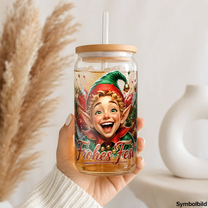 Becher-Aufkleber „Elf in Farbexplosion: Frohes Fest“ auf einem 16oz Glasbecher