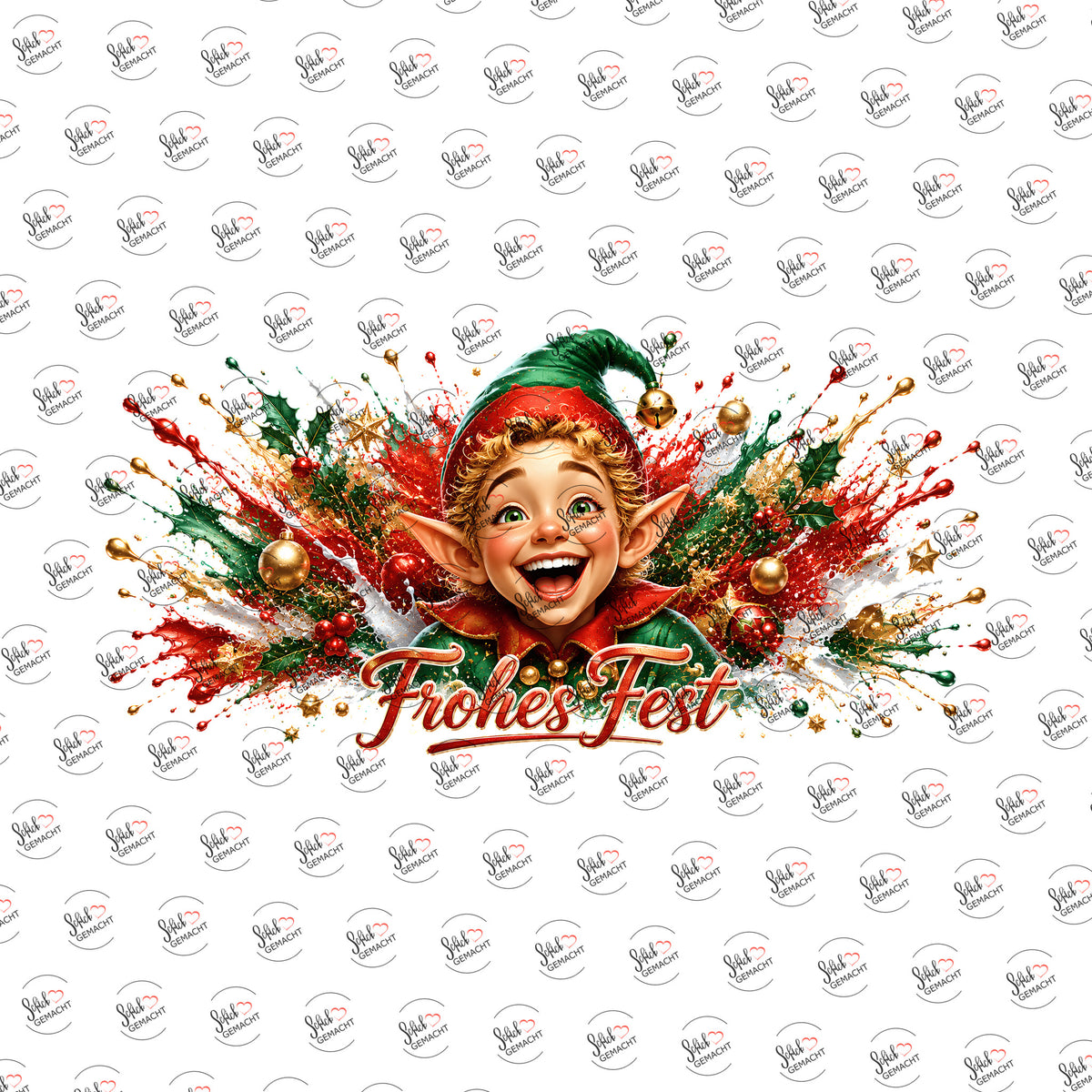 Elf in Farbexplosion: Frohes Fest als Rub-on-Sticker, einzeln